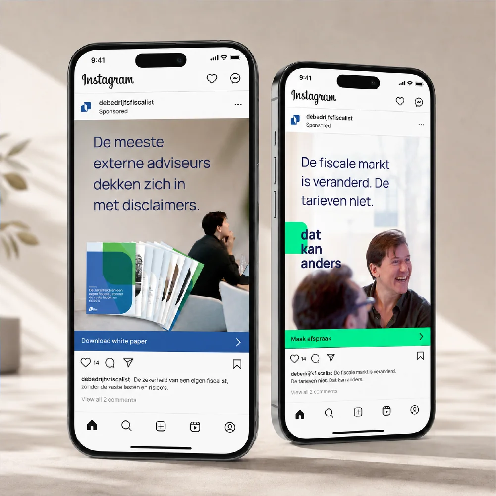 Voorbeeld van Instagram-advertenties op smartphones, gemaakt voor De bedrijfsfiscalist