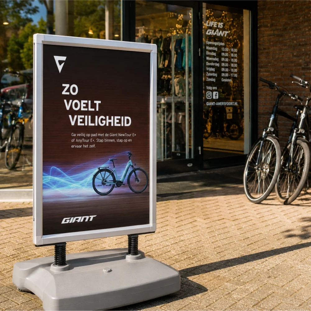 Stoepbord met campagneposter voor de e-bikecampagne van Giant