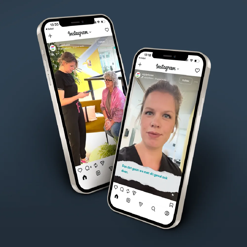 Portfoliovoorbeeld: campagnebeeld Noordhoff met twee Instagram Reels op telefoonschermen