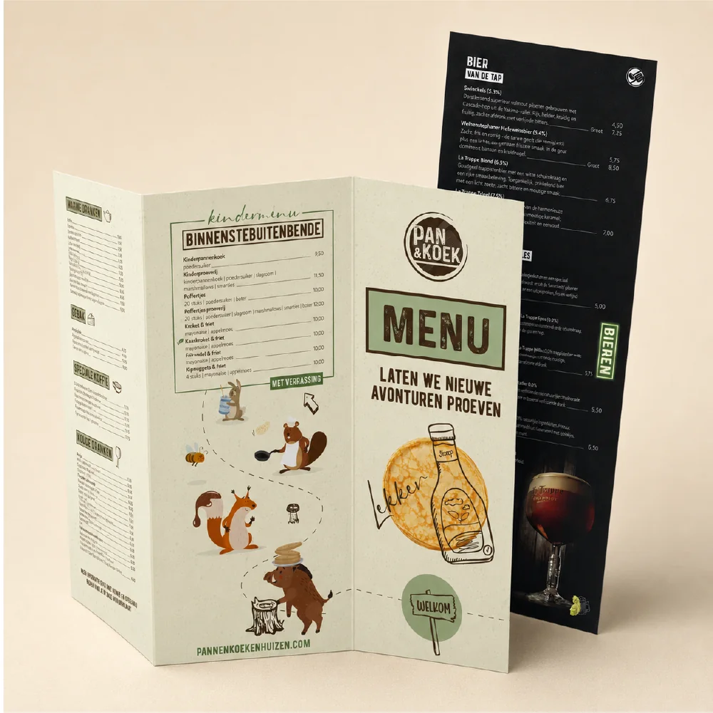 Menukaart voor De Pannenkoekenhuizen als voorbeeld van marketing voor horeca