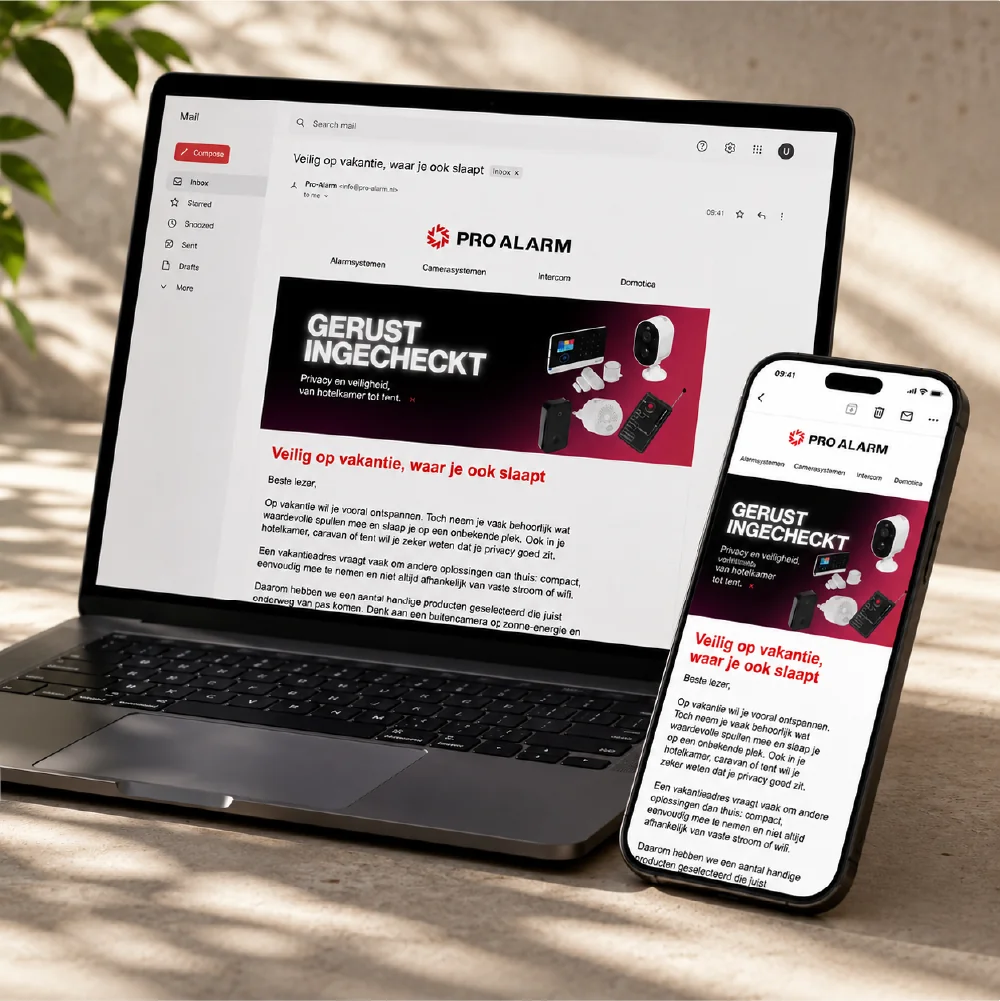 E-mailcampagne voor Pro alarm weergegeven op laptop en smartphone