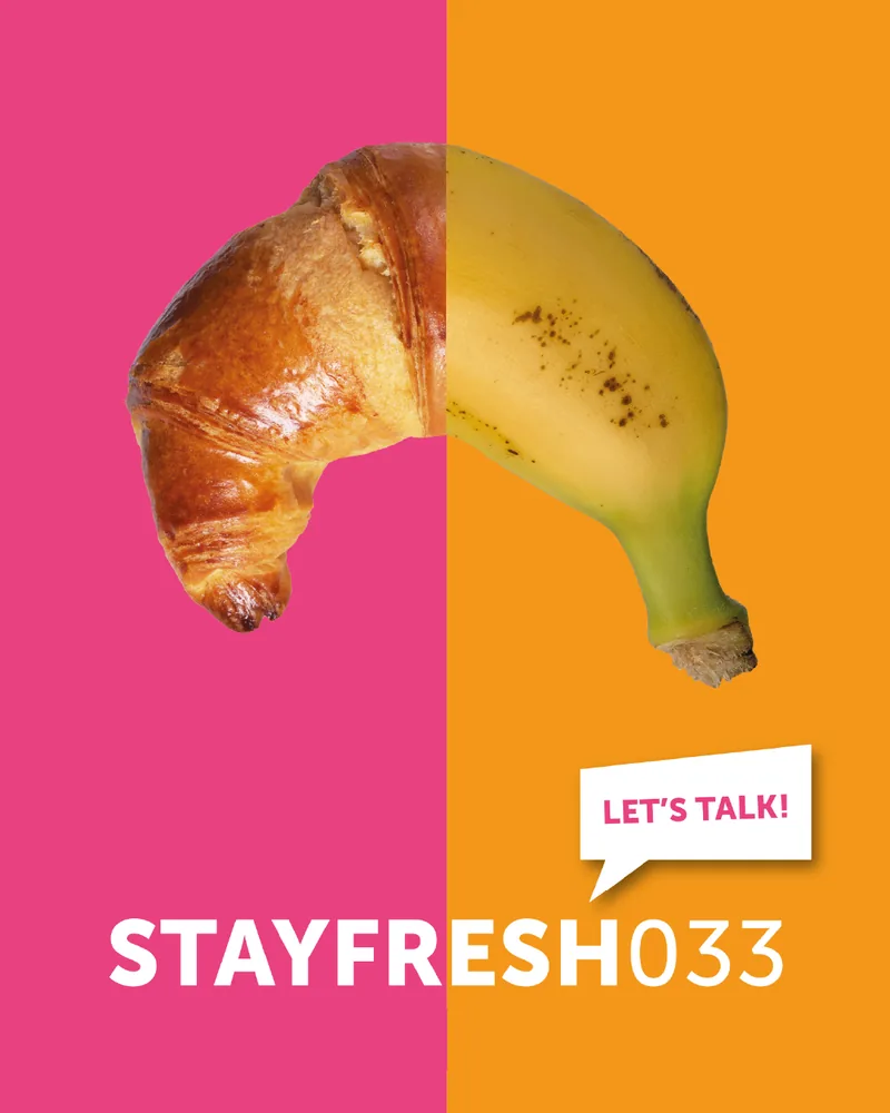Portfoliovoorbeeld: campagnebeeld 'Stay Fresh' voor Gemeente Leusden, met croissant en banaan naast elkaar